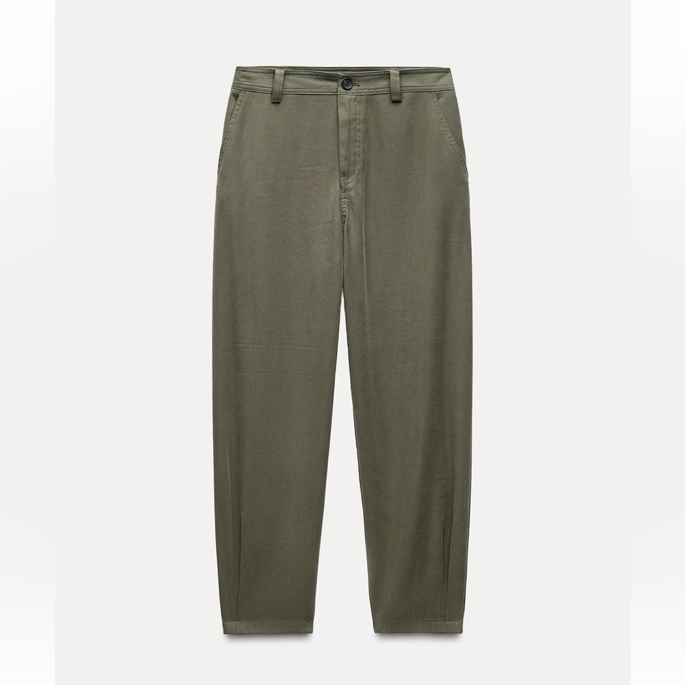 Zara Olive Chino Pants with Pleated Hems - Picture 2 of 7